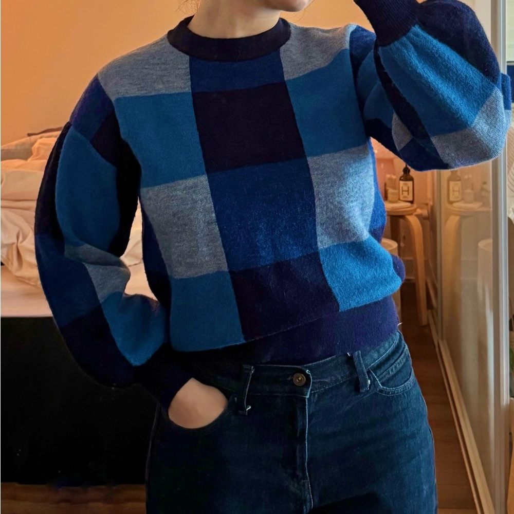 Women's Wool Blue Plaid Crewneck Sweater, The Tiny Blue Sister size 34
